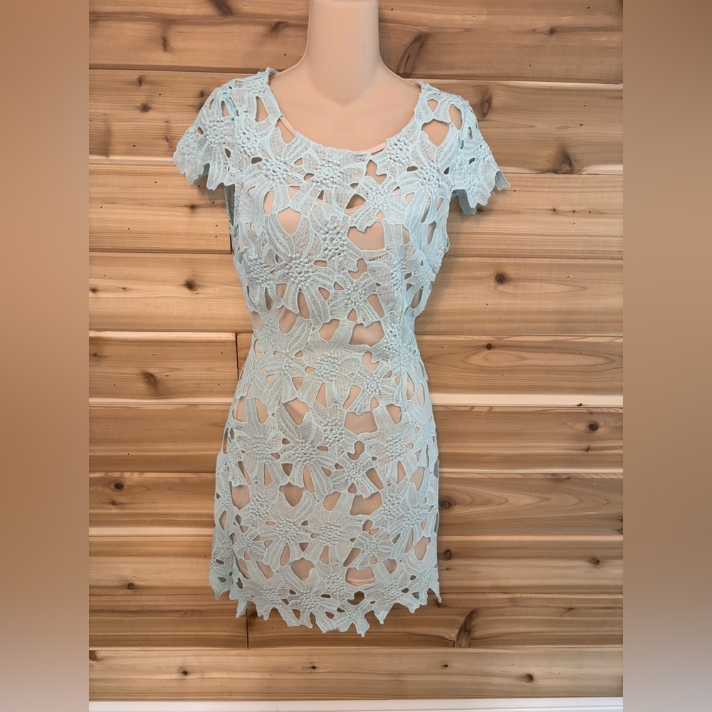 Open back Charlotte Russe Light Blue Crochet Lace Mini Dress